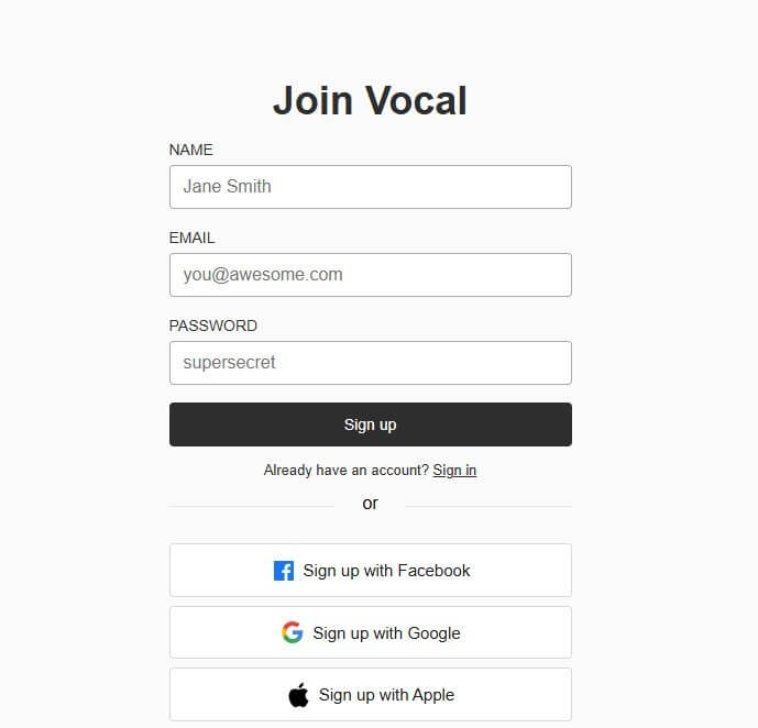 Vocal的注册表单,可以填邮箱密码也可以用第三方账号直接注册