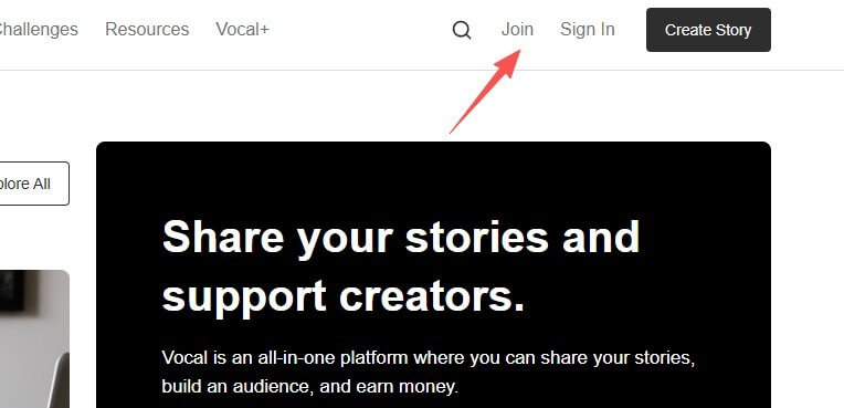 Vocal.Media顶栏右上角的Join注册入口