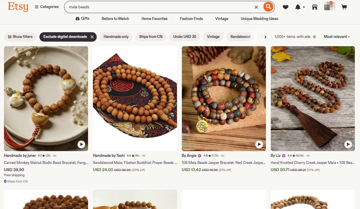 在Etsy搜mala beads的搜索结果页,密密麻麻上千件念珠手串商品,价格多在20到90美金