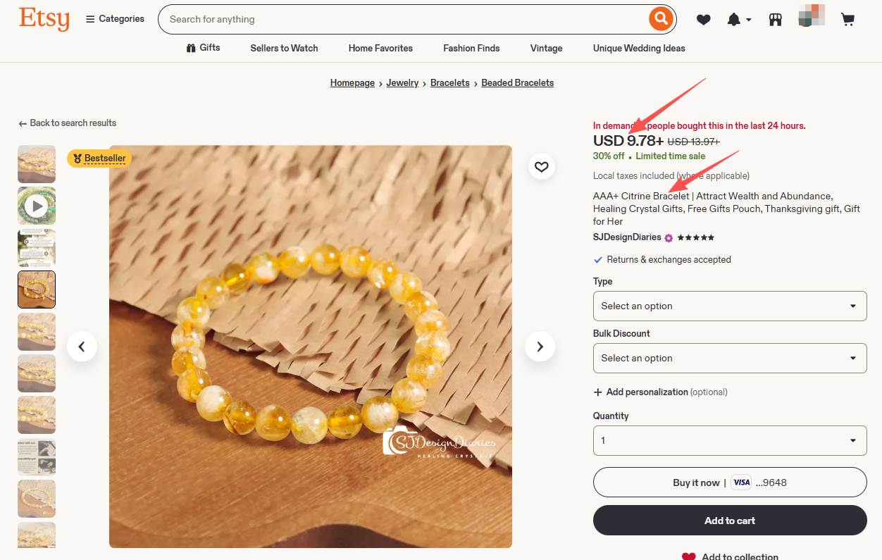 Etsy上一款黄水晶手串商品页,现价9.78美金原价13.97,标着Bestseller和过去24小时内有人下单
