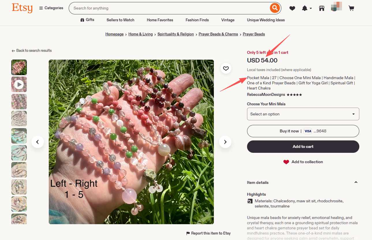 Etsy上一款主打解压功能的口袋念珠商品页,标题强调anxiety relief焦虑缓解和mindfulness正念
