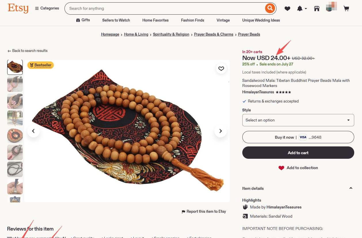 Etsy上一款檀木108颗念珠的商品页,标着Bestseller,现价24美金原价32美金,卖家来自喜马拉雅地区