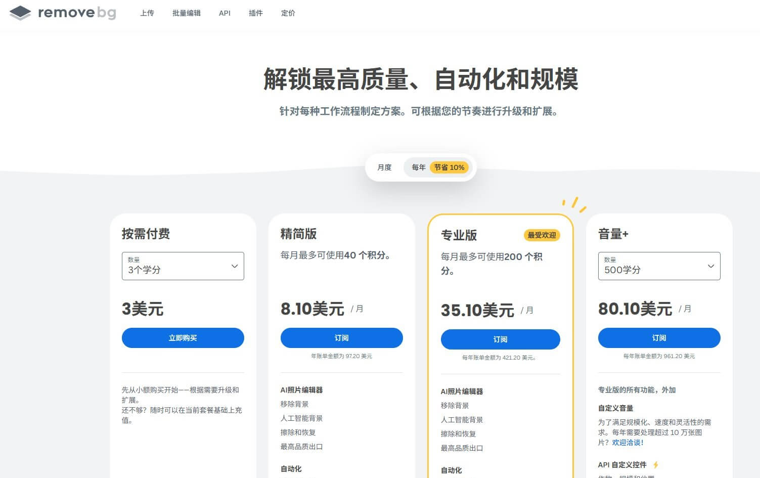 remove.bg的订阅价格档位，按需付费3美元、精简版8.1美元每月、专业版35.1美元每月