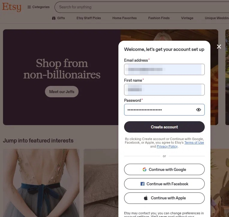 注册Etsy账号的页面，填写邮箱和名字创建卖家账户