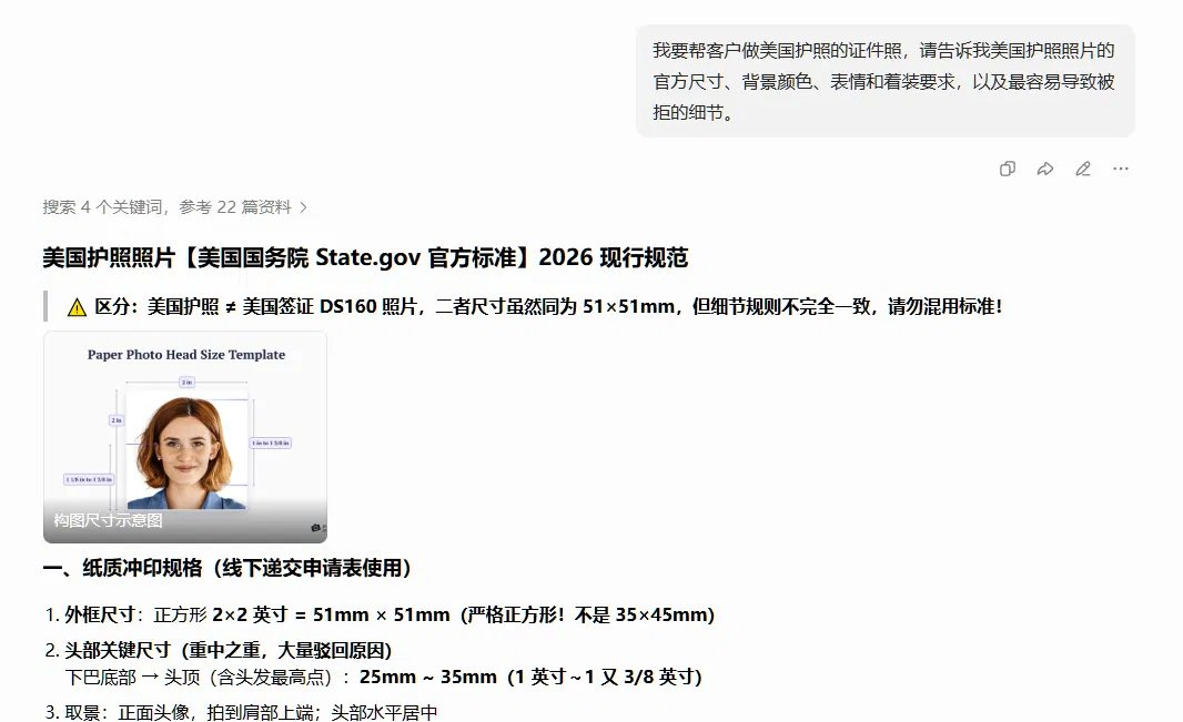 用AI查美国护照照片的官方尺寸和规范要求，包括2x2英寸、纯白背景、不能戴眼镜等