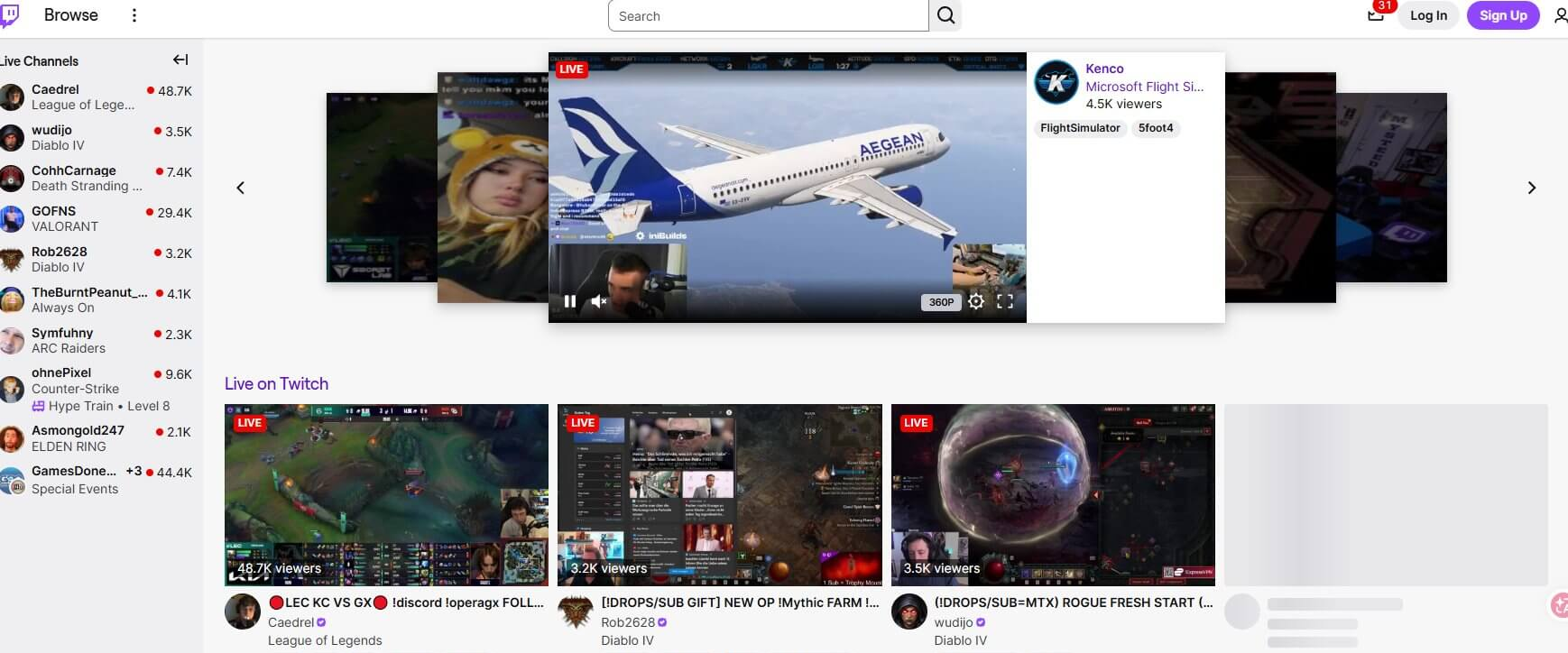 Twitch首页截图，主推位是主播Kenco在直播微软飞行模拟器，显示4.5K viewers同时在线，左侧频道列表里Caedrel播英雄联盟48.7K人在看、GOFNS播无畏契约29.4K人、wudijo播暗黑破坏神4有3.5K人