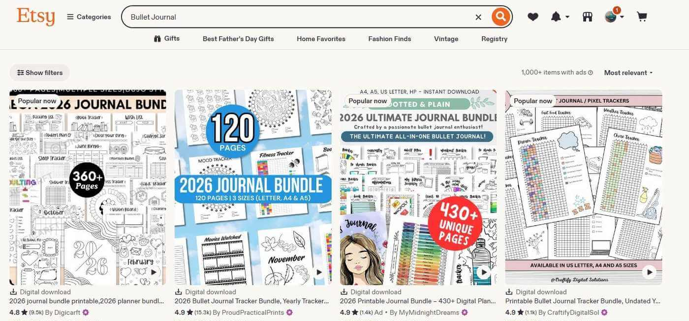 在Etsy搜bullet journal的结果,模板包卖得很密集