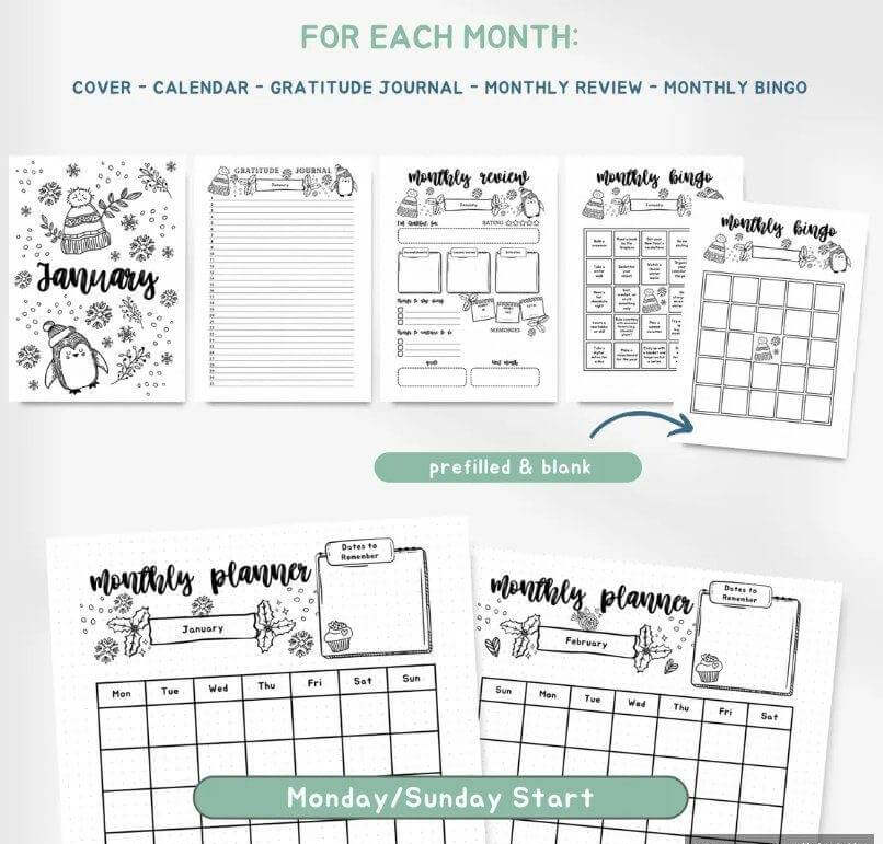 子弹笔记模板的月度页面样张,月历加周计划的排版