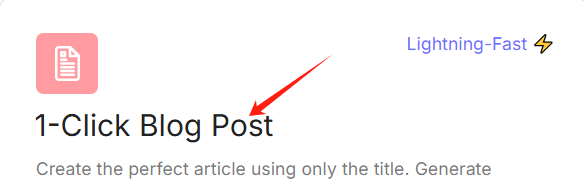 SEOWriting的1-Click Blog Post功能页:Create the perfect article using only the title,标着Lightning-Fast闪电快速