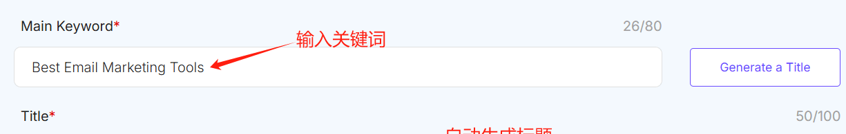 SEOWriting的关键词输入界面:Main Keyword填入Best Email Marketing Tools,右侧有Generate a Title自动生成标题按钮