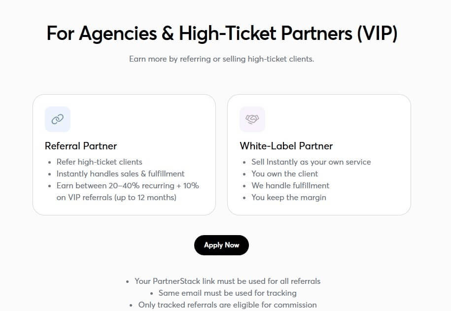 Instantly VIP合作模式页面，推荐伙伴和白标伙伴两种分成