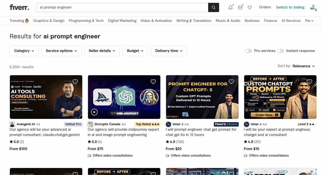 Fiverr搜索ai prompt engineer的结果页,起价10到100美元