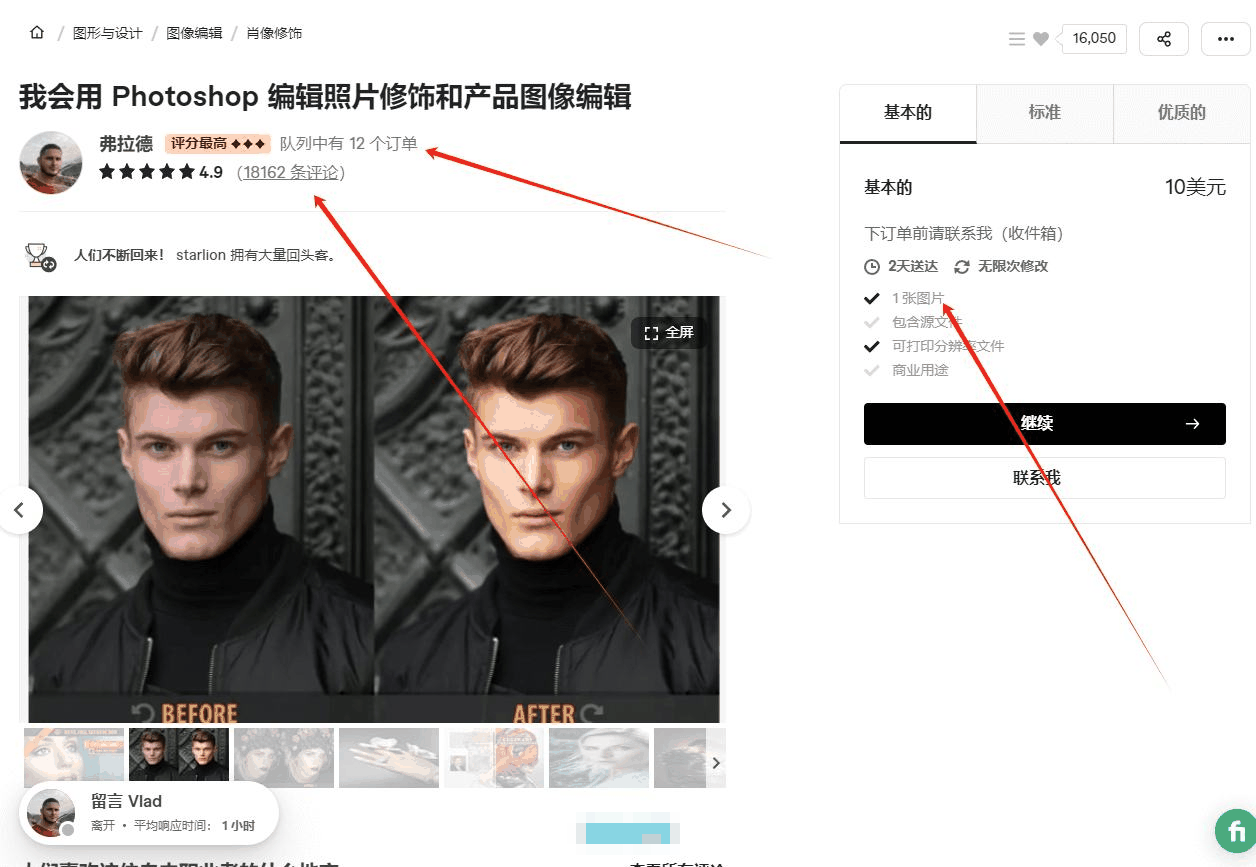 Fiverr照片修饰服务页,16050条评论,基础套餐10美元