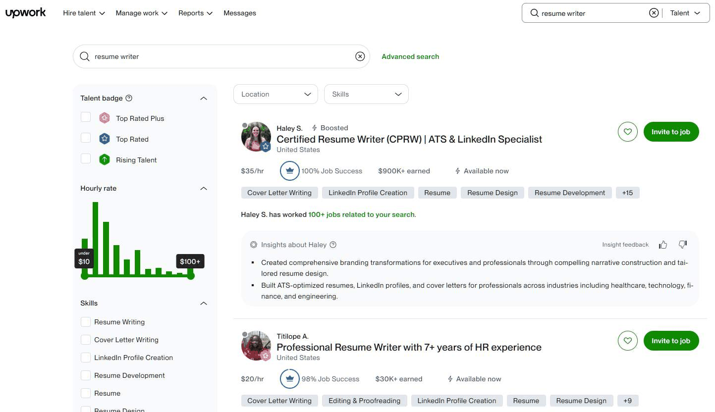 Upwork搜索resume writer,头部简历写手时薪20到30美元
