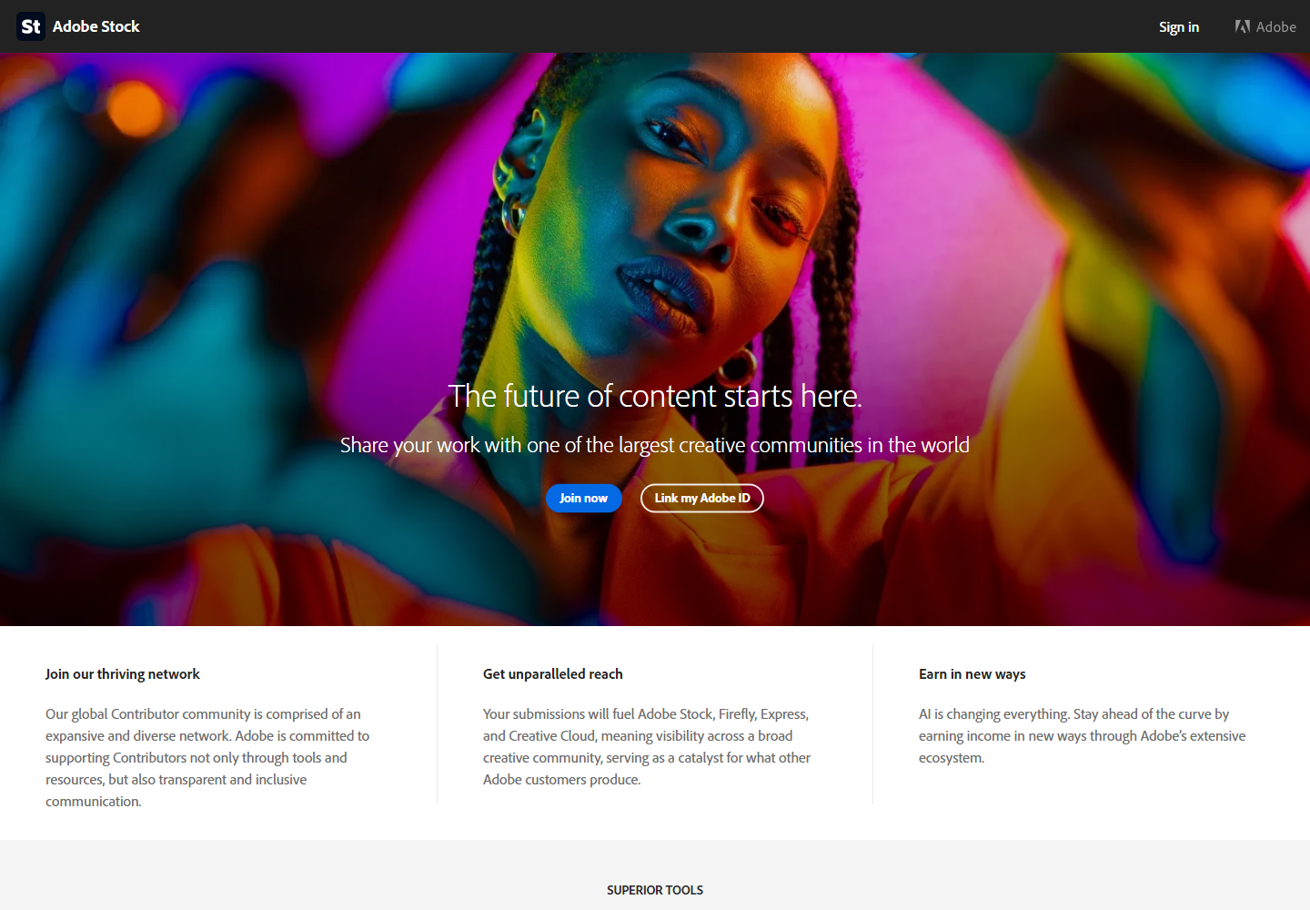 Adobe Stock的投稿者招募页,面向全球创作者开放