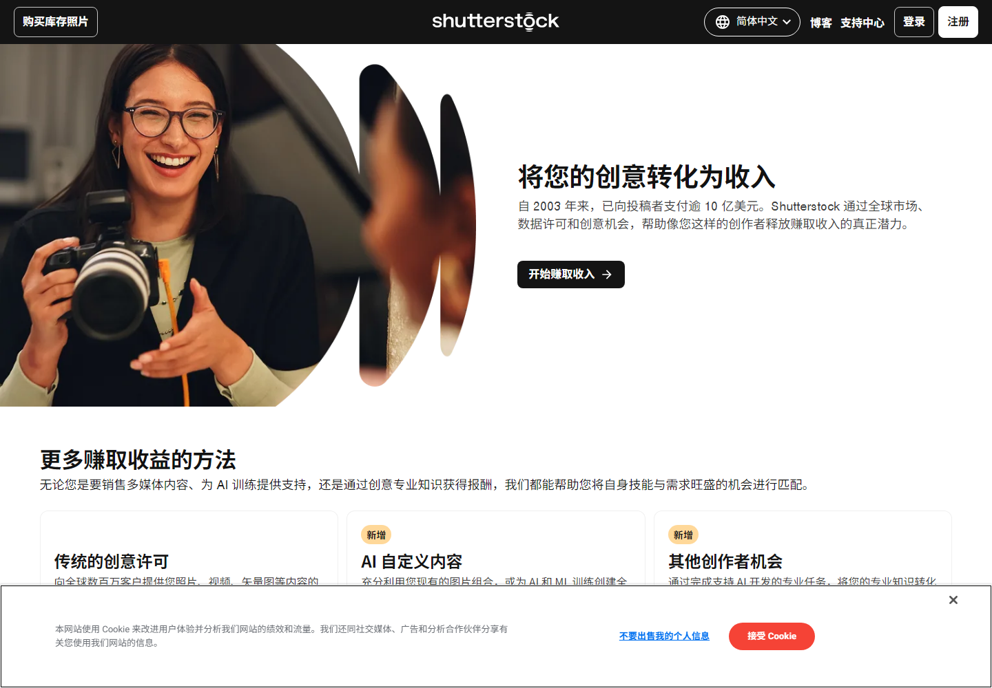 Shutterstock投稿者页面,自2003年已向投稿者支付逾10亿美元