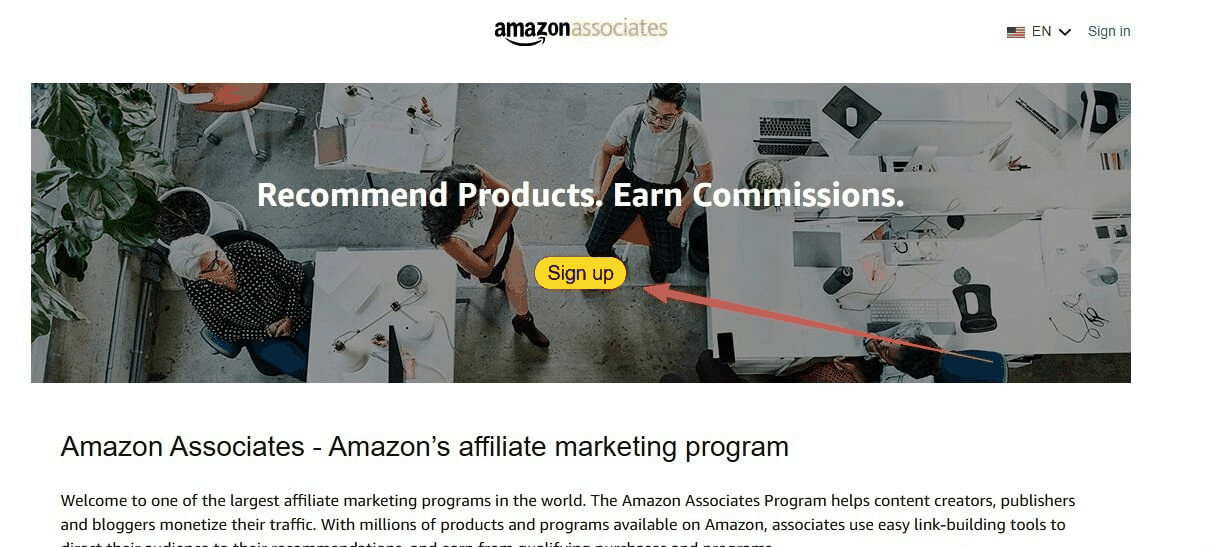 Amazon Associates亚马逊联盟官网首页和Sign up注册入口