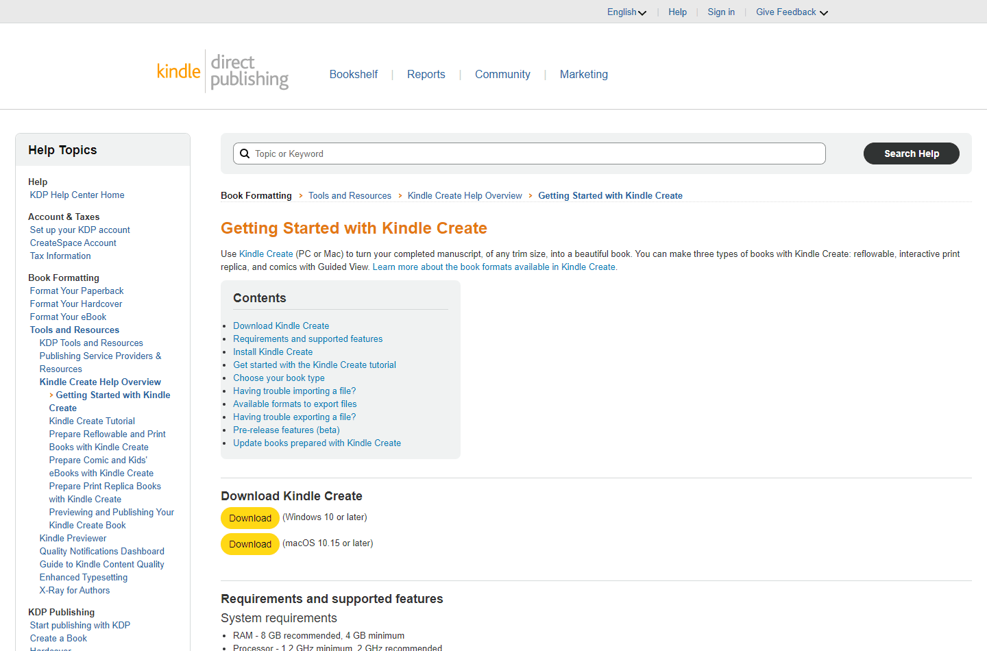 Kindle Create官方免费排版工具的说明页面