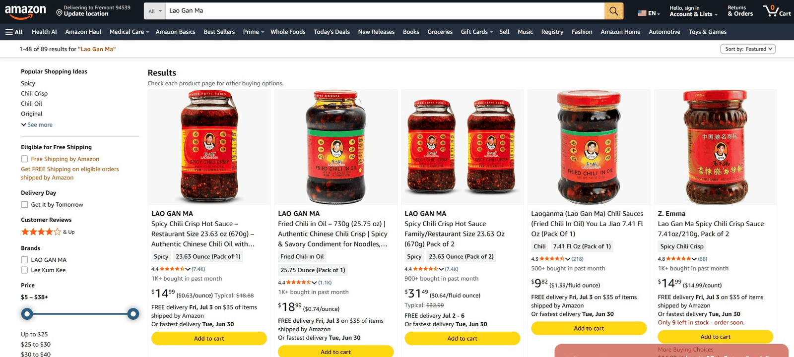 亚马逊上老干妈Lao Gan Ma辣椒酱的美金定价页面,标价14.99美元