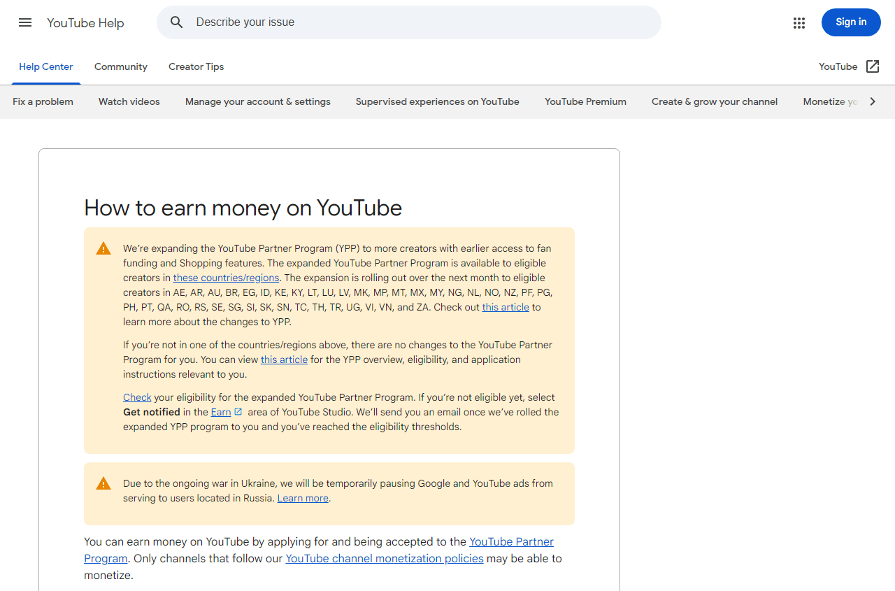 YouTube官方变现规则页面，说明加入YouTube合作伙伴计划的条件