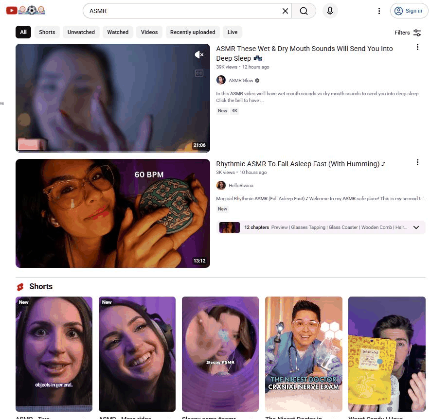 YouTube上搜索ASMR的视频列表,单条视频播放量从3千到240万不等