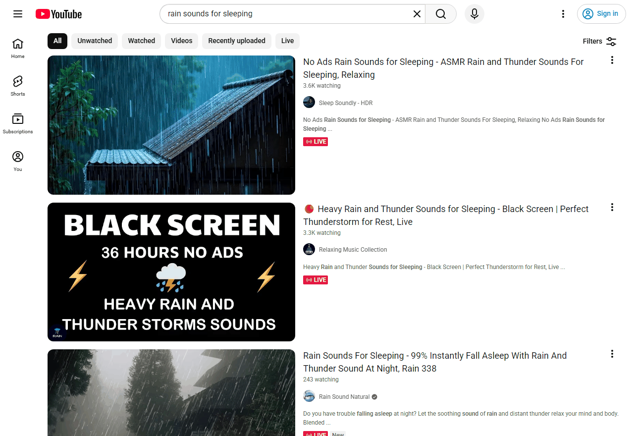 YouTube搜索rain sounds的结果页，多个雨声助眠频道正在直播，三千多人同时在看