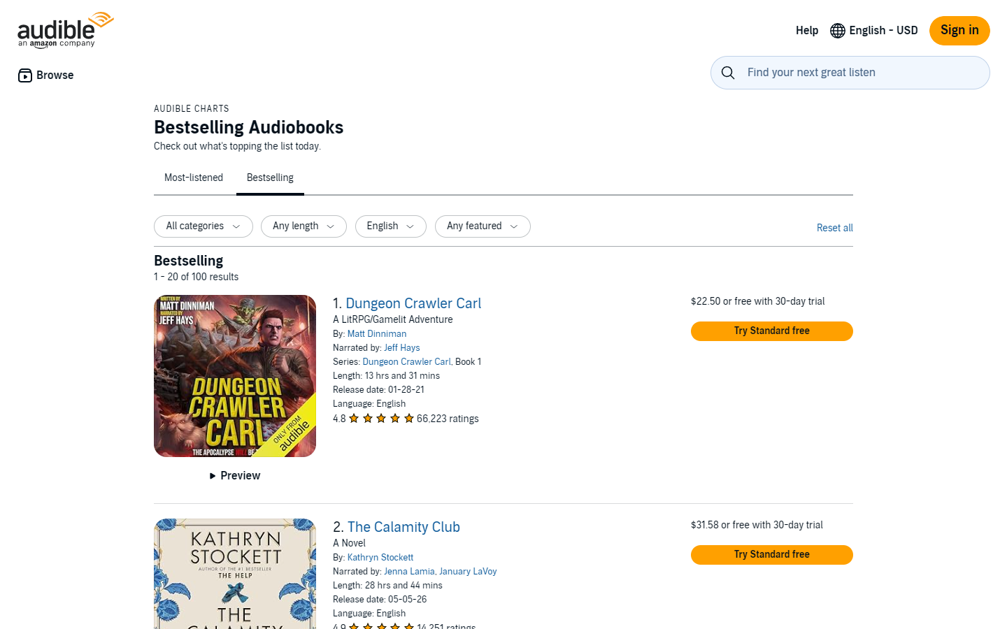 Audible的畅销有声书榜单页,可以按类目、时长、语言筛选,第一本单买22.50美元或者用30天试用免费听,每本书后面都有一个试用按钮