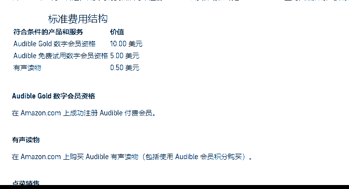 亚马逊联盟公布的标准费用结构,Audible付费会员10美元、免费试用会员5美元、单本有声读物0.5美元