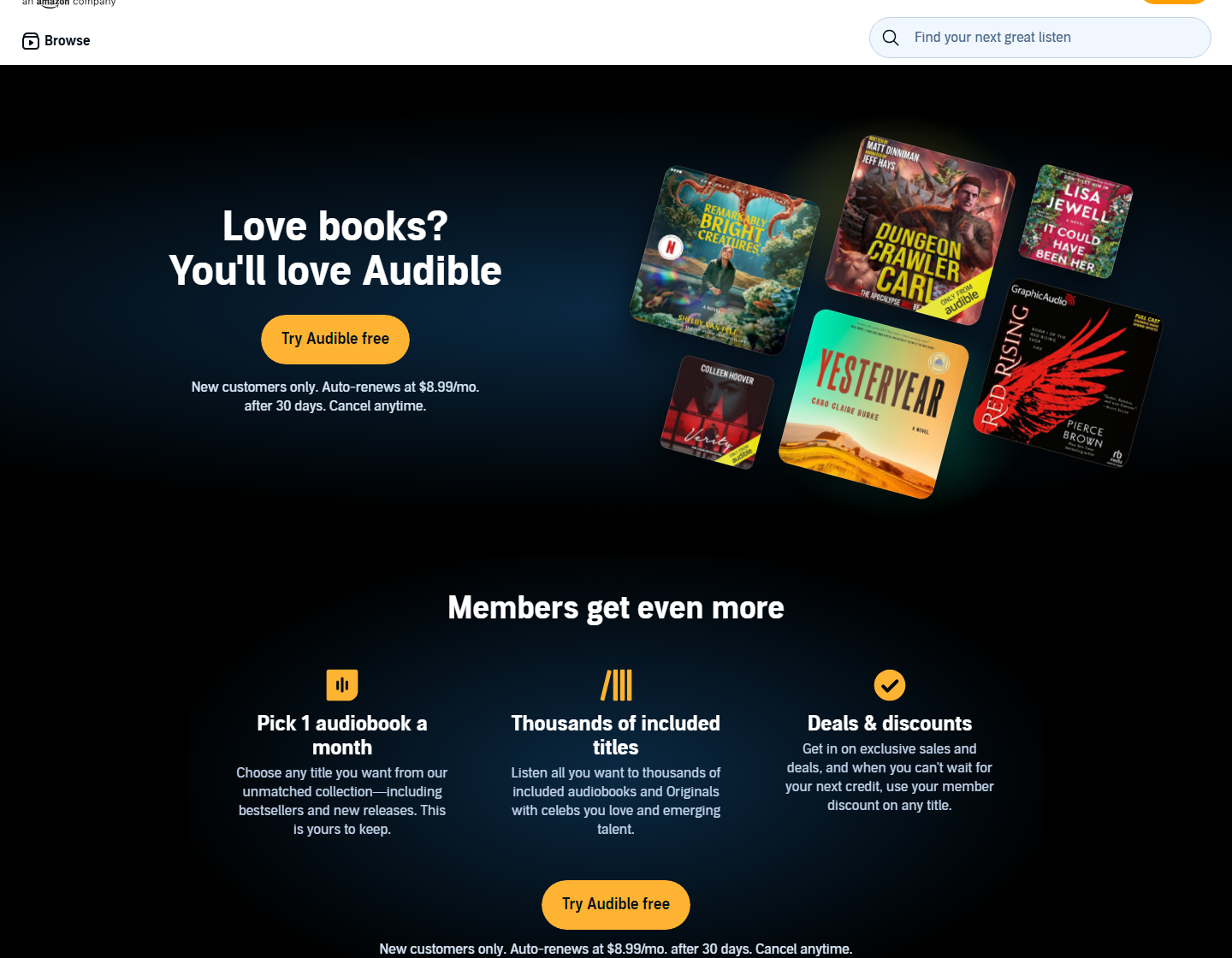 Audible的免费试用页面,30天后按每月8.99美元自动续费,随时可取消