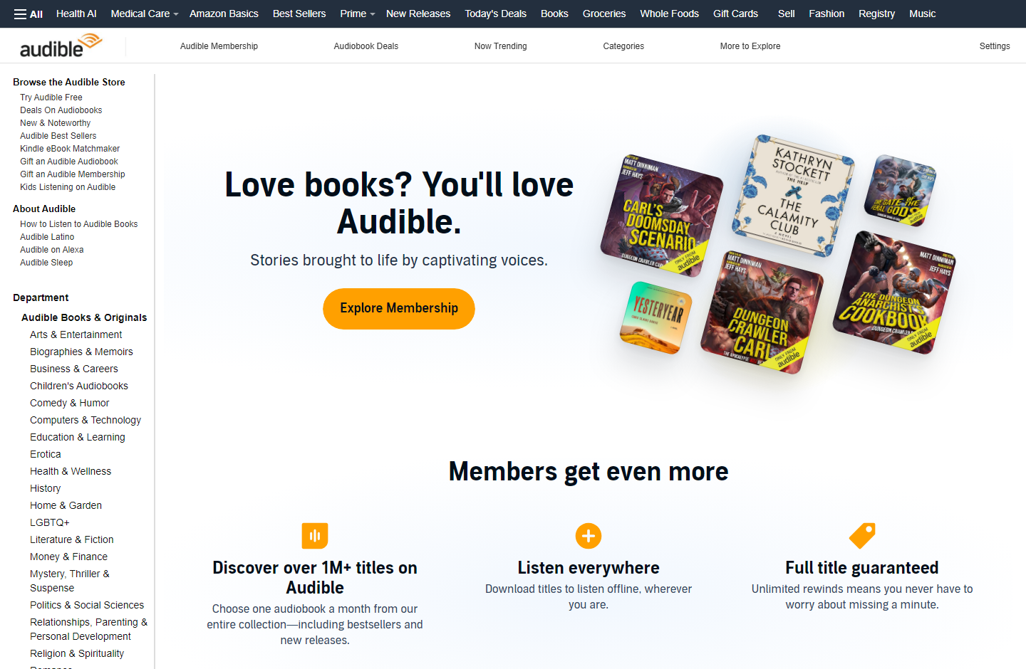 Audible有声书商店页,收录超过100万个有声书标题,左侧是理财、创业、心理等分类