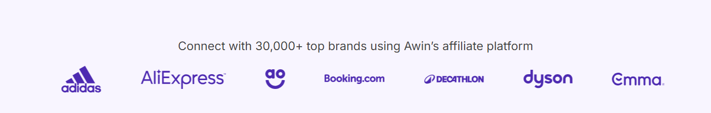 Awin联盟平台合作的品牌墙,adidas、AliExpress、Booking.com、Decathlon都在里面
