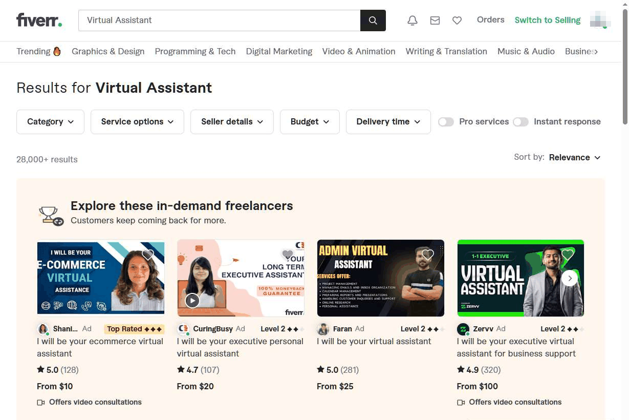 Fiverr上Virtual Assistant虚拟助理的搜索结果,超过28000条服务在售,起步价10到100美元