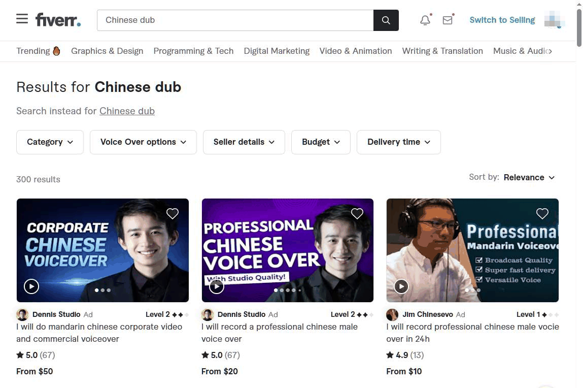 Fiverr上Chinese dub中文配音的搜索结果,专业中文男声女声配音服务起步价10到50美元