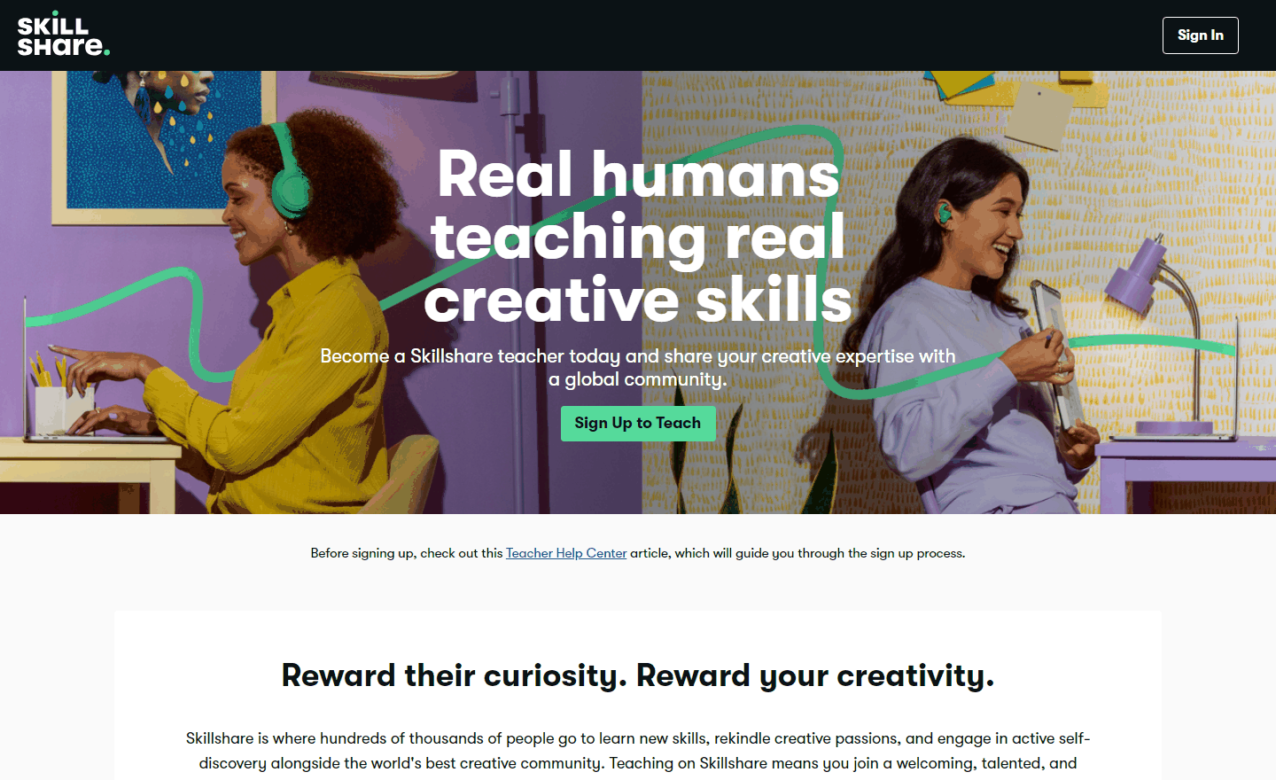 Skillshare讲师招募页面，录一次课程持续分成的海外被动收入