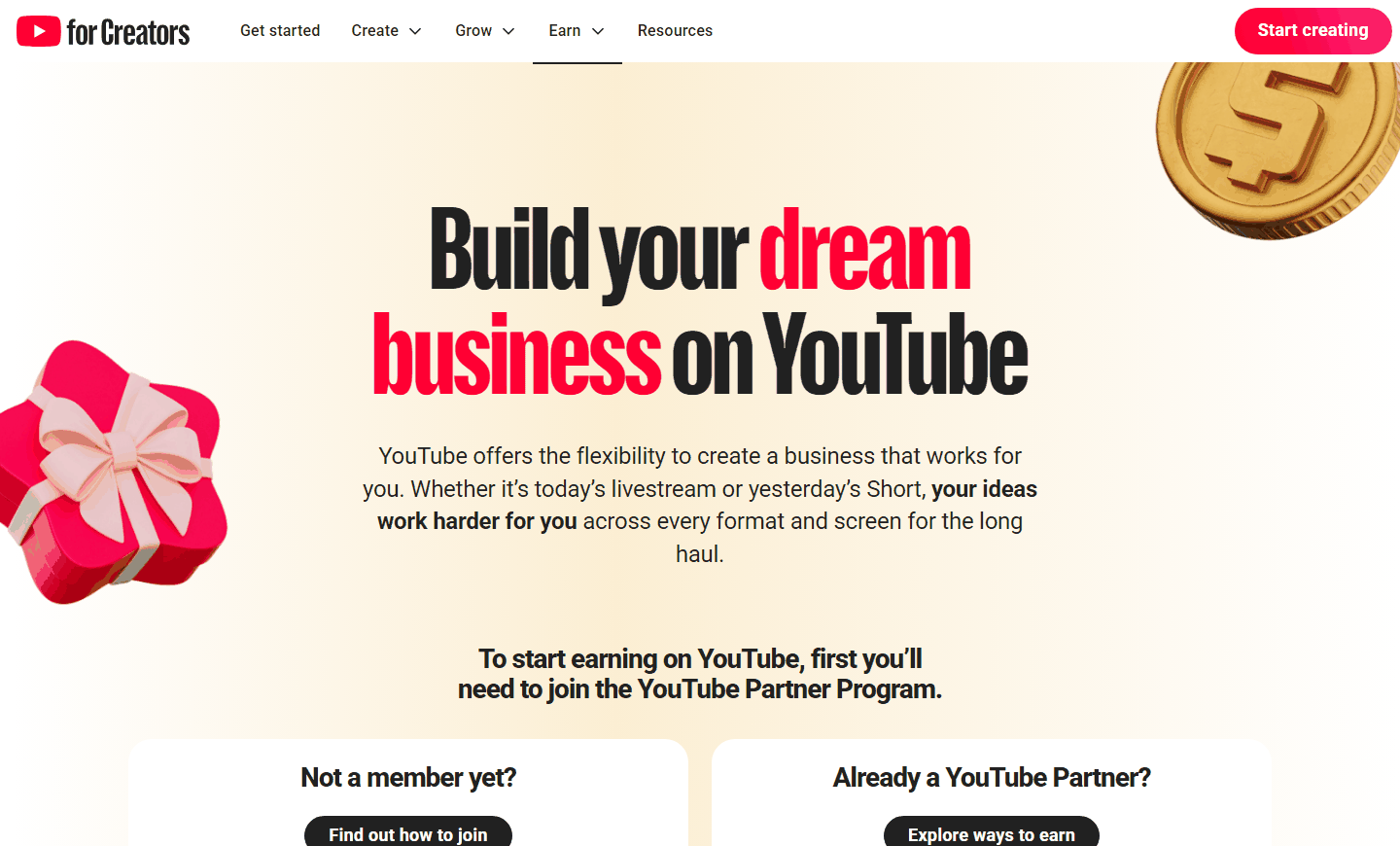 YouTube合作伙伴计划官方页面，开通广告分成的被动收入入口