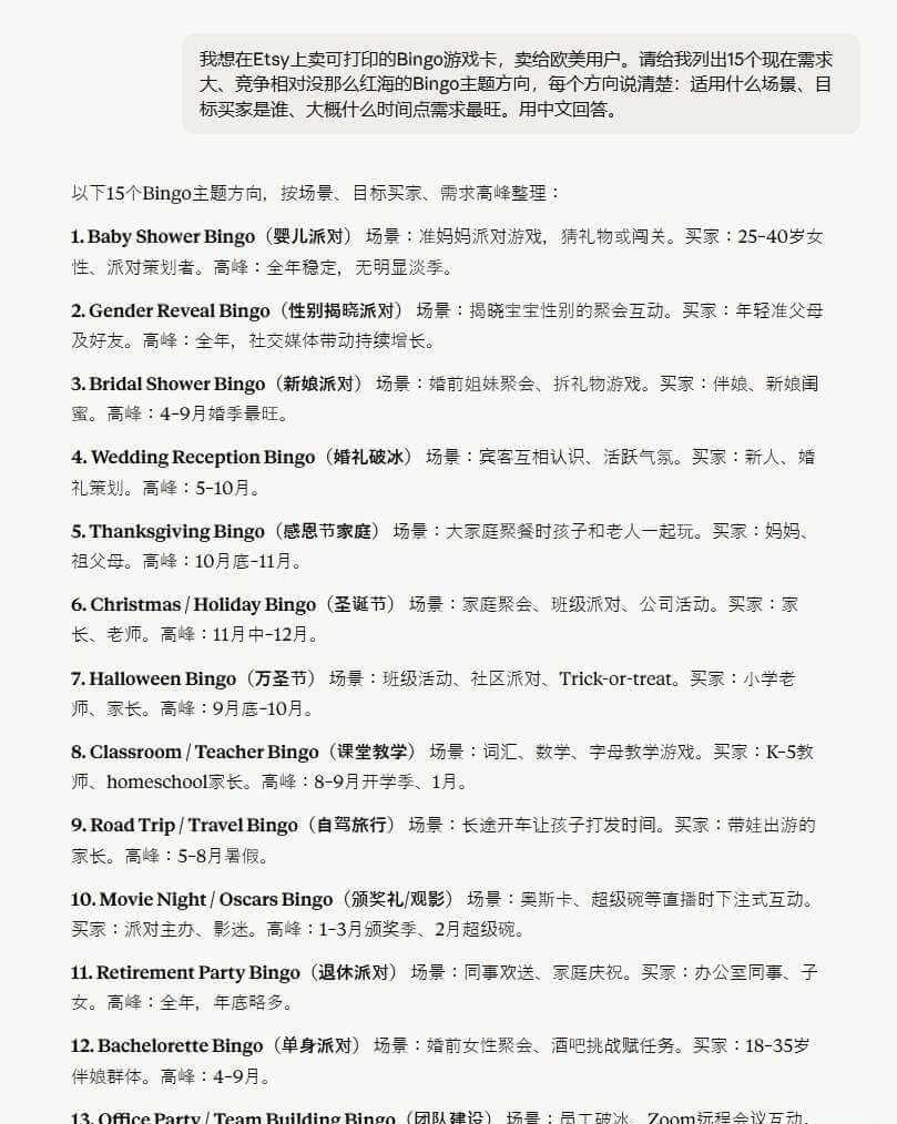 用AI生成15个Bingo选题方向,每条带场景目标买家和需求高峰月份
