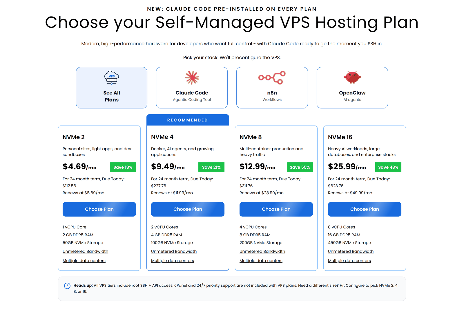 Bluehost VPS四档套餐价格：4.69到25.99美元，含续费价和24个月总额