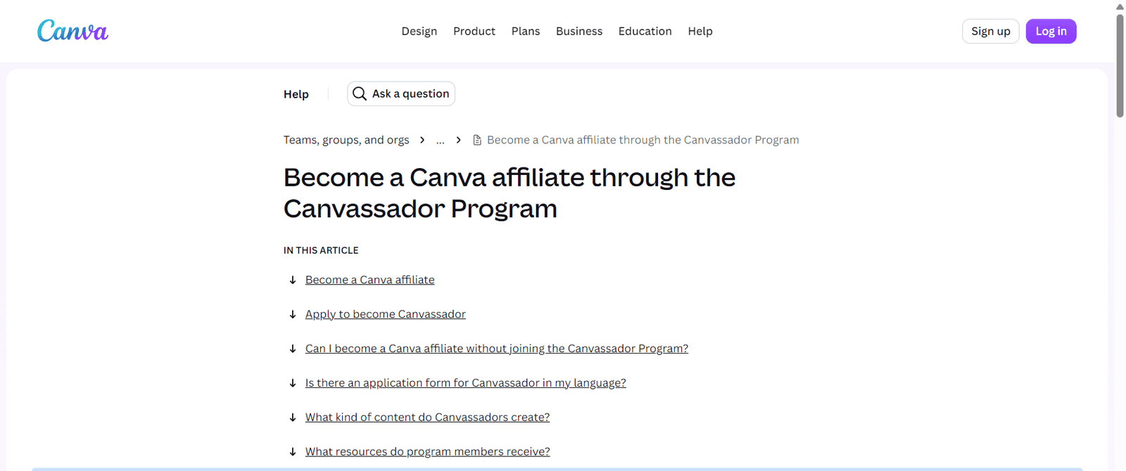 Canva官方帮助中心里的Canvassador联盟推广计划说明页,列出申请条件和常见问题