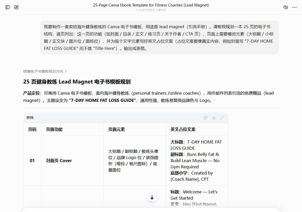 用AI规划25页健身电子书模板的逐页结构表,含页面功能、元素和英文占位文案