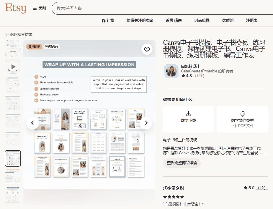 Etsy上一个Canva电子书模板的商品页,交付方式是数字下载,附带PDF说明文件