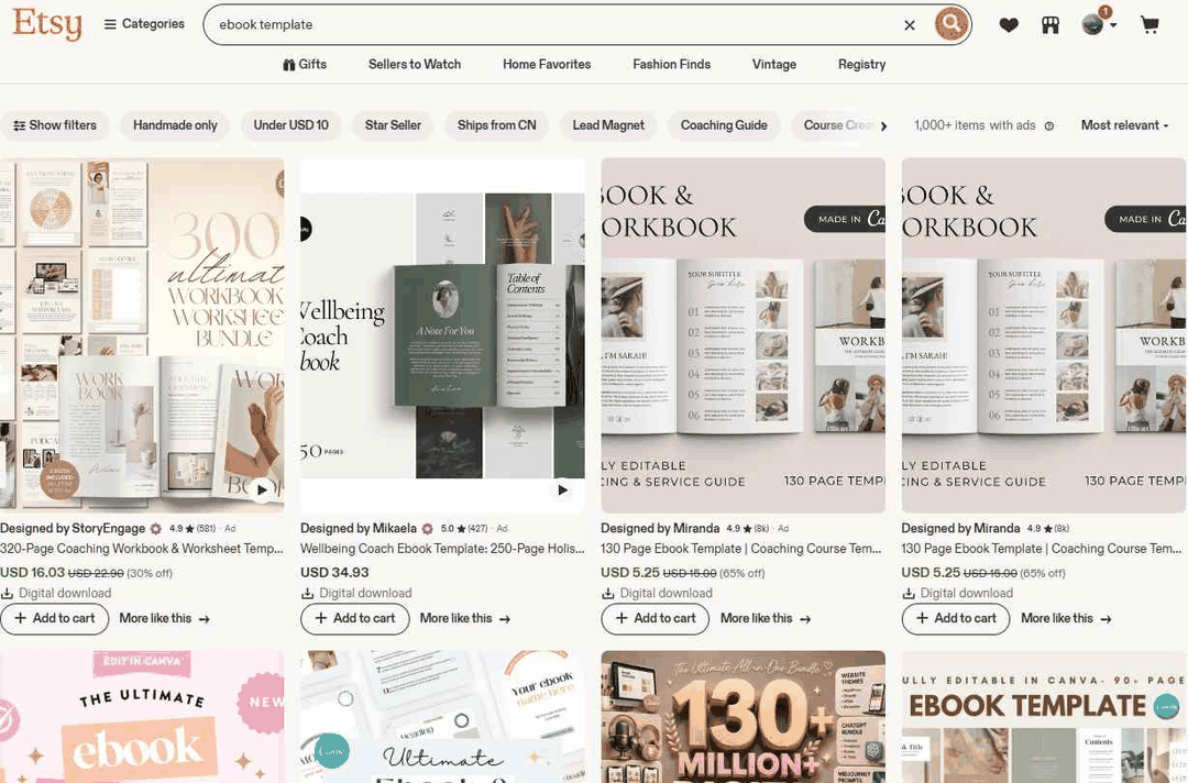 Etsy搜索ebook template的结果页,满屏都是老外在卖的电子书排版模板商品