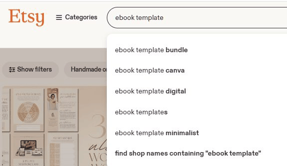 Etsy搜索框输入ebook template弹出的下拉联想词,bundle和canva排在前面