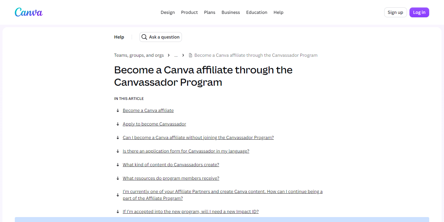 Canva官方帮助页里的联盟计划说明,讲怎么申请成为Canva的推广伙伴
