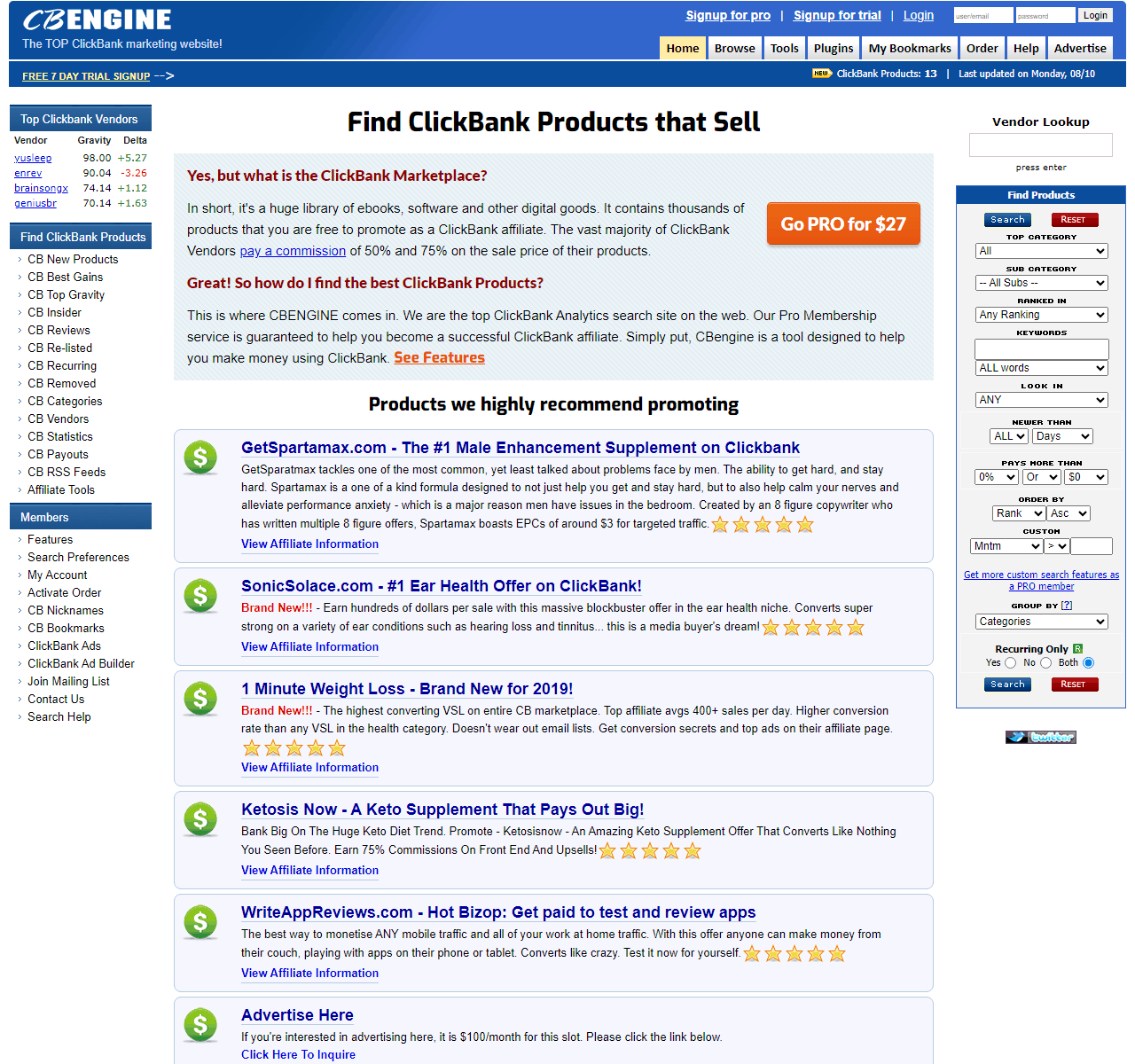 ClickBank产品数据查询站CBEngine,展示热门产品的Gravity数值排行