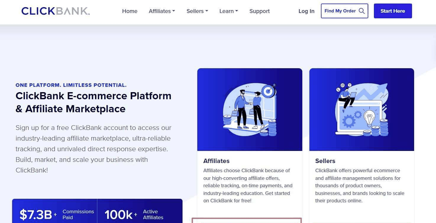 Clickbank官网首页,点击Affiliates Start Here进入联盟客注册