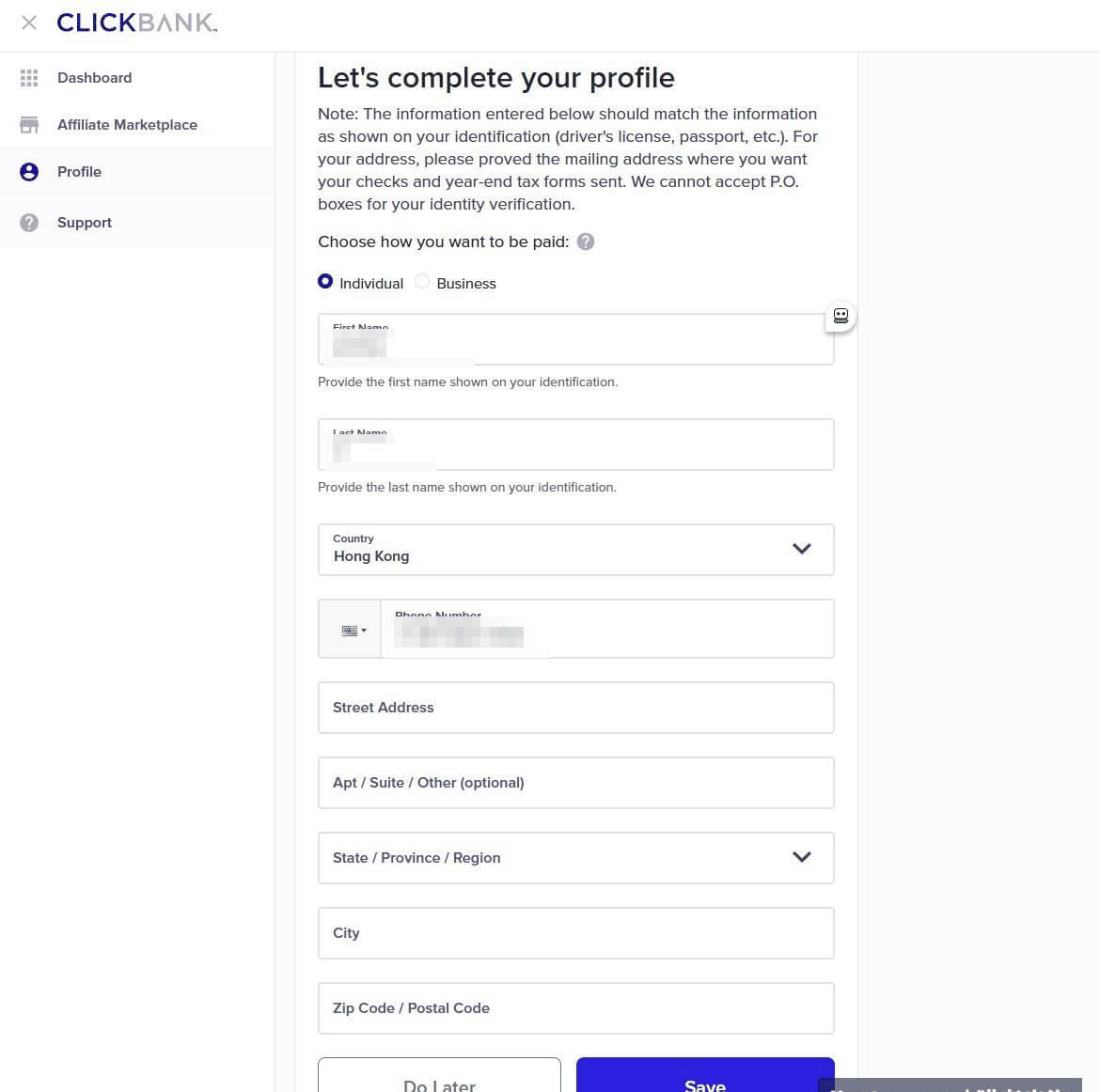 Clickbank完善Profile页面,填收款方式姓名和地址,国家可选香港