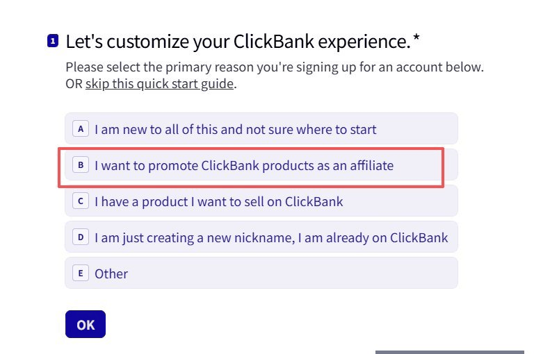 Clickbank注册问卷第一题,选择以联盟客身份推广平台上的产品