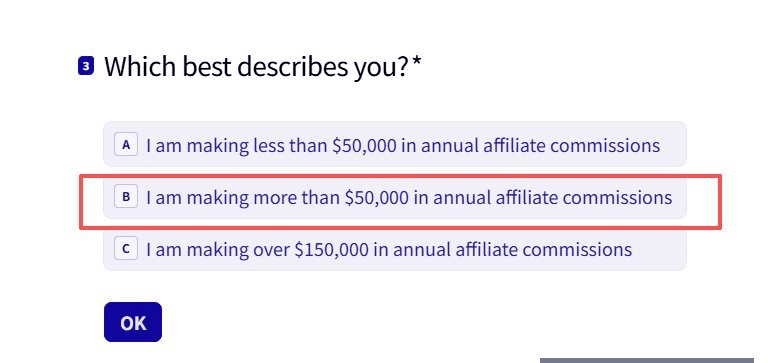 Clickbank注册问卷问你目前的年联盟佣金水平