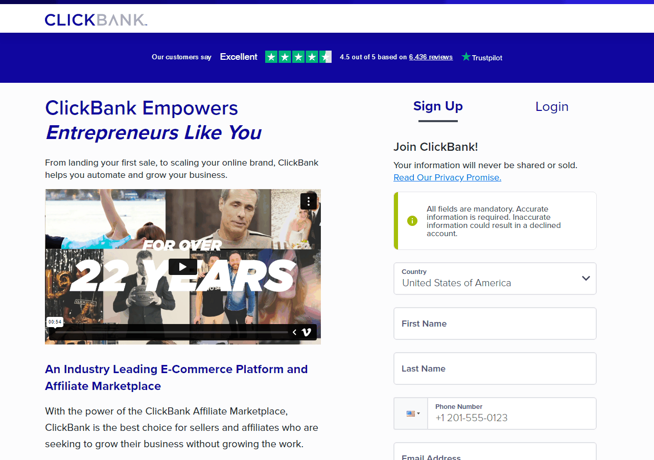 ClickBank注册页面,填写国家姓名电话邮箱开通推广账号