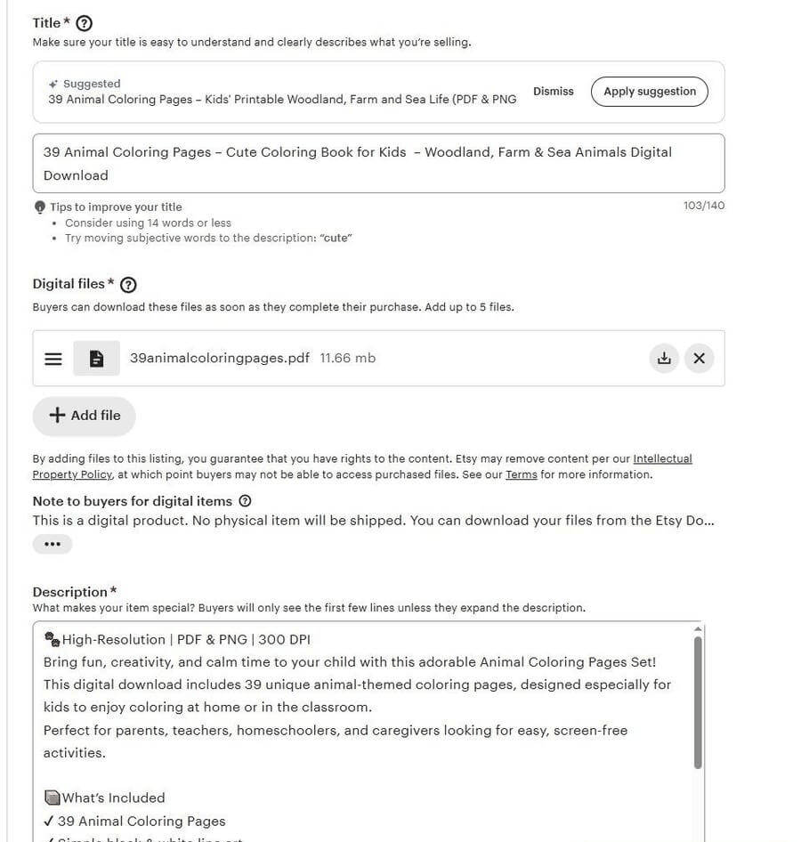 Etsy上架填写标题和上传数字文件,PDF文件11.66MB直接挂上去